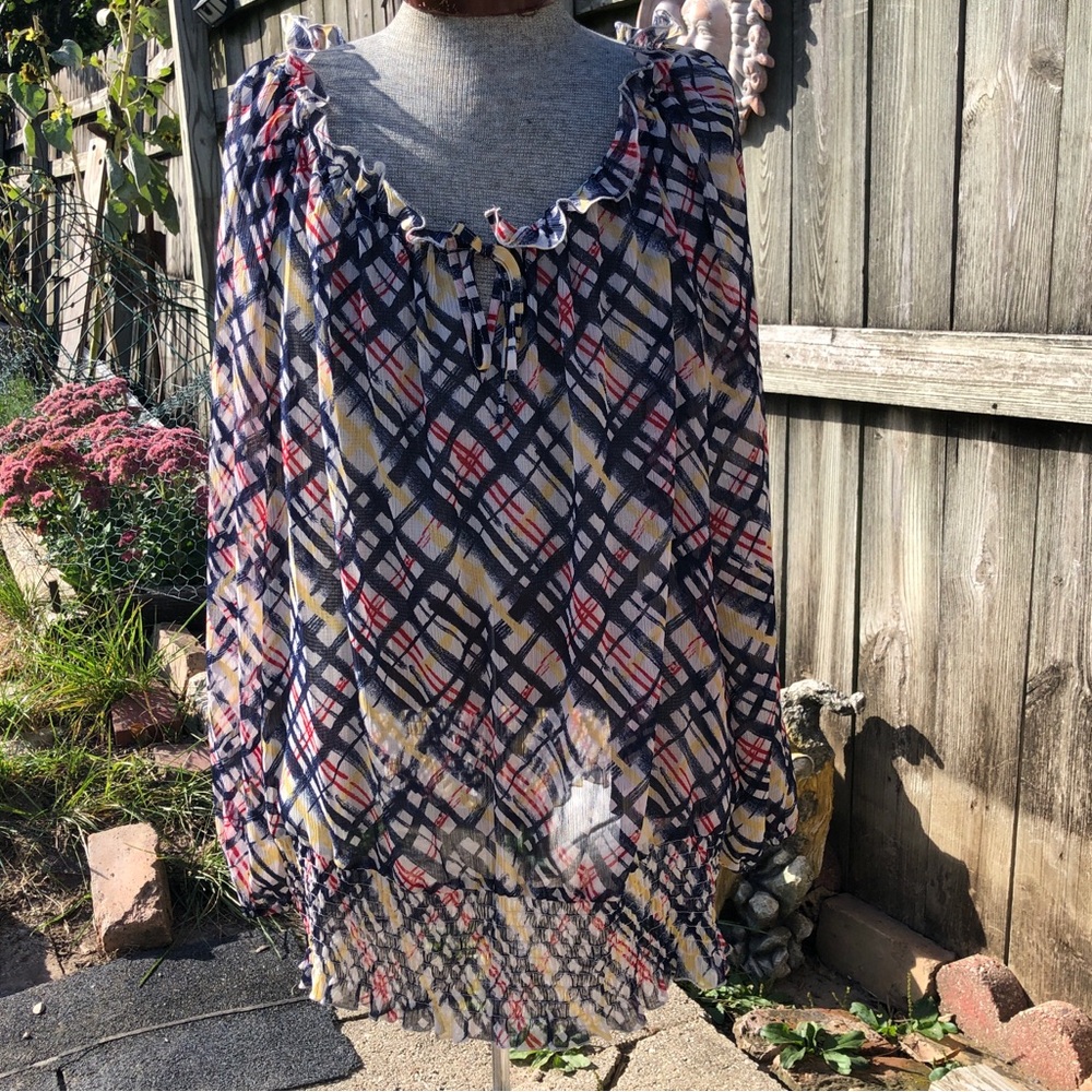 Lane Bryant Sheer Plaid Peasant Blouse in Navy, Red & Mustard Plus Size